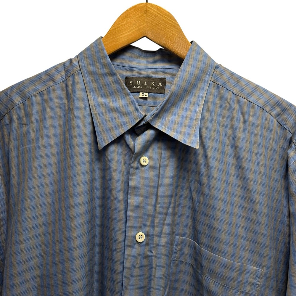Sulka Mens Sz XL Gray/Blue Plaid Long Sleeve Button Front Cotton Dress Shirt euc